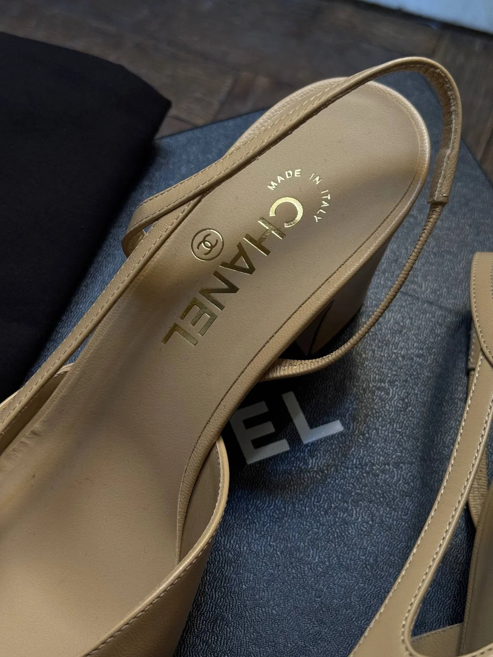 CHANEL Beige Slingback Pumps with Black Cap Toe